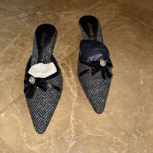 Brighton Black/White Tweed Open Back Heel with Bow